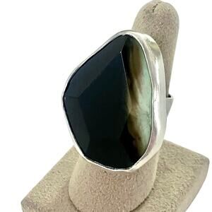 Sterling Silver Large Rainbow Black Obsidian Ring Modernist Faceted Cabochon